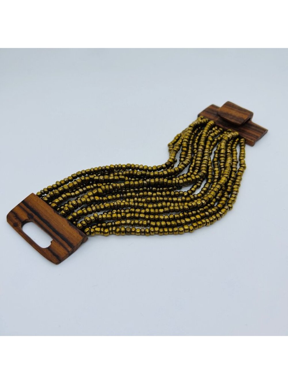 Bronze Seed Bead Bracelet Multi Strand Cuff Wooden Clasp Bohemian Vintage 7 In